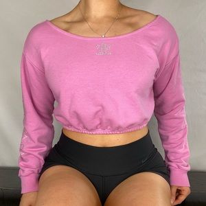 ADIDAS Off The Shoulder Cinch Bedazzled Crop Sweatshirt